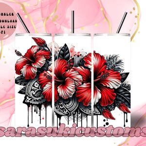 Op de afbeelding: Een digitale download van een 20oz tumbler ontwerp met een rode en zwarte hibiscusbloem met ingewikkelde details. Het ontwerp is perfect voor sublimatie of printen op tumblers.