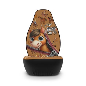 Fundas para asientos de automóvil personalizadas con estampado de dibujos animados de Horse Farm: ajuste fácil y diseño elegante, regalo para conductores, iniciador de conversación enérgico y divertido_Marrón claro