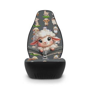 Fundas de asiento de coche personalizadas de lujo con estampado de dibujos animados de ovejas: ajuste fácil, diseño elegante, regalo para conductores, iniciador de conversación enérgico y divertido, gris oscuro