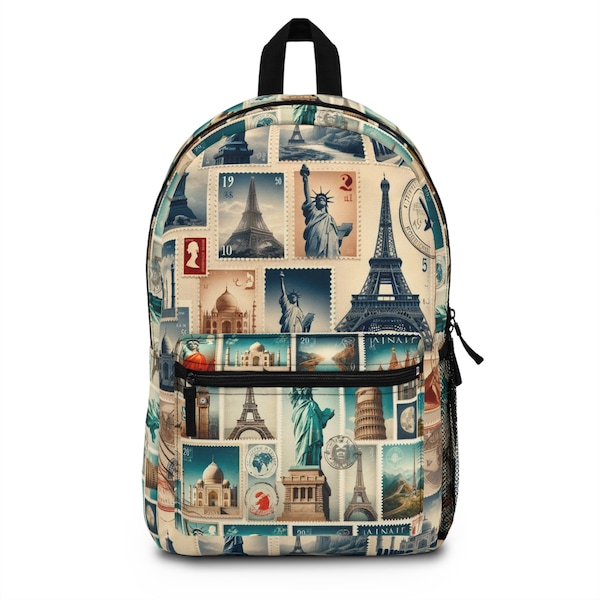 Global Stamp Print Backpack - Durable, Lightweight World Travel Bag, Adjustable, Waterproof, for School & Adventures