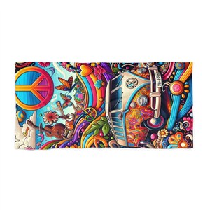 Retro Hippie VanCustom Soft Beach Towel | Luxurious Polyester and Cotton Blend | Vibrant Full-Color Print | Beach Days