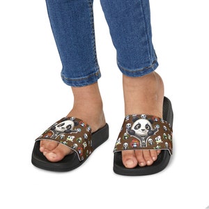 Panda Kids Cartoon PU Slide Sandals for Summer Fun Comfortable Colorful Straps Perfect for Beach, Pool,Outdoor Sole Black & White Options