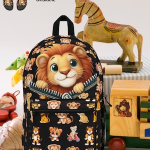 Sac à dos léger et durable Baby Lion Cartoon pour enfants, imperméable, bretelles réglables, sac de voyage scolaire spacieux, étiquette nominative inscriptible à l'intérieur_Noir