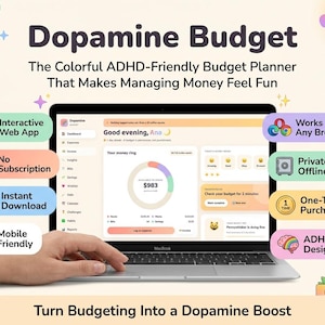 Puede incluir: Un portátil que muestra la interfaz de la aplicación web Dopamine Budget con un panel que muestra un anillo de dinero, ingresos y ahorros. La pantalla incluye texto como Dopamine Budget, Interactive Web App, No Subscription, Instant Download, Mobile Friendly, Works on Any Browser, Private & Offline, One-Time Purchase y ADHD Designed.