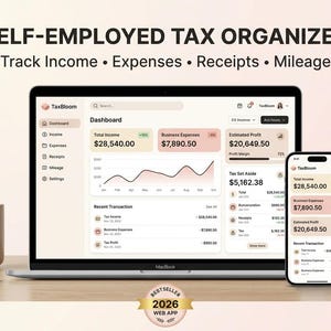 Pode incluir: Uma aplicação web de organização fiscal para trabalhadores independentes exibida num ecrã de portátil e smartphone. A interface mostra um painel com controlo de rendimentos, despesas, recibos e quilometragem, com o texto TaxBloom e Bestseller 2026.