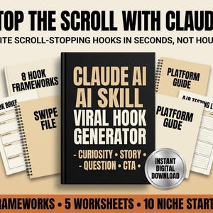 May include: A black book titled CLAUDE AI AI SKILL VIRAL HOOK GENERATOR with beige spiral-bound worksheets and guides including 8 HOOK FRAMEWORKS, SWIPE FILE, PLATFORM GUIDE, and A/B TESTING LOG. A silver circular badge reads INSTANT DIGITAL DOWNLOAD.