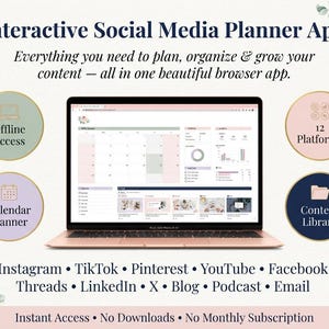 May include: A rose gold laptop displaying an interactive social media planner app interface with a calendar, analytics, and content library. Text includes Interactive Social Media Planner App, Offline Access, 12 Platforms, and a list of social media sites.
