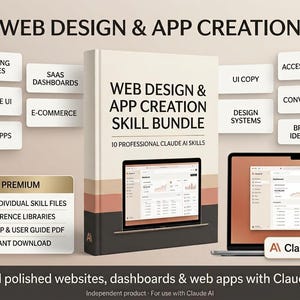 May include: A digital product bundle titled Web Design & App Creation Skill Bundle featuring a book cover, a laptop displaying a dashboard, and floating text boxes listing skills like Landing Pages, SaaS Dashboards, and Brand Identity.