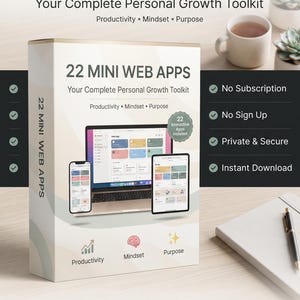 22 Mini Web Apps | Personal Growth & Productivity Dashboard | Habit Tracker, Journal, Life Wheel | Offline, No Subscription | PLR Resell
