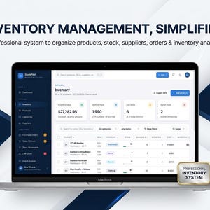 Puede incluir: Una pantalla de portátil que muestra la interfaz del software de gestión de inventario StockPilot. El panel muestra el valor del inventario, unidades disponibles, stock bajo y agotado. Texto: INVENTORY MANAGEMENT, SIMPLIFIED.