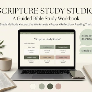 Może przedstawiać: Laptop wyświetlający przewodnik do studiowania Biblii Scripture Study Studio z sześcioma metodami nauki, w tym SOAP, Verse Mapping i Character Study. Ekran pokazuje interaktywny pulpit nawigacyjny w neutralnej palecie kolorów.
