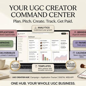 May include: A digital web app dashboard titled YOUR UGC CREATOR COMMAND CENTER displayed on a laptop screen. The interface features sections for applications, campaigns, deliverables, analytics, brands, payments, templates, and a calendar.