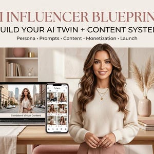 以下が含まれることがあります： AI INFLUENCER BLUEPRINT BUILD YOUR AI TWIN + CONTENT SYSTEMというタイトルのデジタルガイド。Persona、Prompts、Content、Monetization、Launchというサブ見出しがあります。仮想コンテンツを表示するノートパソコンとスマートフォンの画面が特徴です。