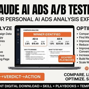 May include: A laptop screen displays a Claude AI Ads A/B Testing dashboard with a winner identified between Ad A and Ad B. The interface shows metrics like CTR, CPA, and ROAS. Text includes Analyze, Optimize, 8 Expert Playbooks, and Data-Verdict-Action.