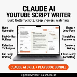 YouTube Script Writing Claude AI Skill | Hooks Templates Prompts Video Script Guide | Content Creator Workflow Digital Download