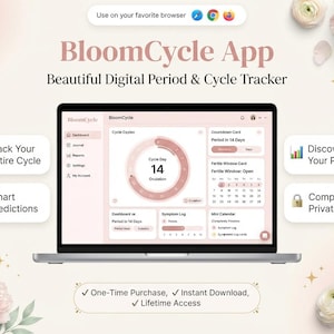 May include: A laptop displaying the BloomCycle App, a digital period and cycle tracker. The screen shows a dashboard with a cycle day counter, a calendar, and symptom logs. The interface uses a soft pink colour palette with white text.