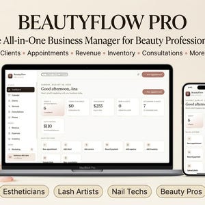 Może przedstawiać: Laptop i smartfon wyświetlające interfejs oprogramowania do zarządzania biznesem BeautyFlow Pro. Ekran pokazuje pulpit nawigacyjny z danymi o klientach, wizytach, przychodach i zapasach. Po lewej stronie znajduje się mała szklana butelka z pipetą.