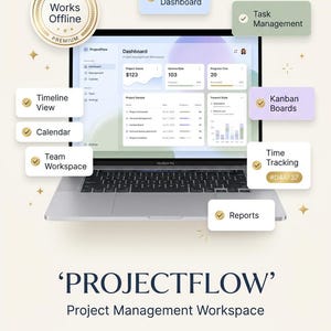 May include: A laptop displaying the ProjectFlow project management workspace dashboard. Surrounding labels highlight features including Project Dashboard, Task Management, Timeline View, Calendar, Team Workspace, Kanban Boards, Time Tracking, and Reports.
