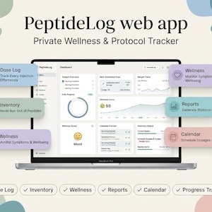 May include: A laptop displaying the PeptideLog web app dashboard for private wellness and protocol tracking. The screen shows data charts, a calendar, and inventory status. Surrounding the laptop are labels for Dose Log, Inventory, Wellness, Reports, and Calendar features.