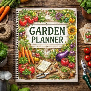 Op de afbeelding: Een spiraalgebonden tuinplanner met de woorden "GARDEN PLANNER" op de omslag. De omslag bevat illustraties van tomaten, wortelen, aubergines en andere tuingroenten. De planner is open op een blanco pagina met een klein notitieblok en tuingereedschap.