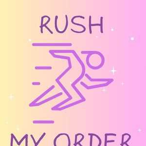 Peut inclure: Graphique violet avec le texte "Rush My Order" et une illustration stylisée d'une personne courant avec des lignes de vitesse.