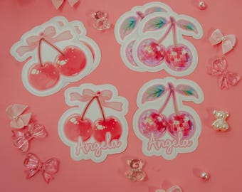 Coquette Cherry Customizable sticker | Girly Girl Decal | Pink Bow Sticker | Trendy | Laptop, Kindle, Phone case, Water Bottle
