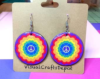 Rainbow Peace sign Flower Earrings. Gay Pride. LGBTQ. Hippie. 70-s. 2 inch
