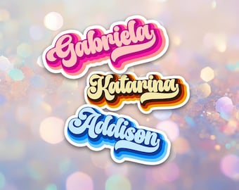 Retro Groovy Custom Name Text sticker. School/Childcare/College/Work. Water Bottle, Laptop, Snackle box