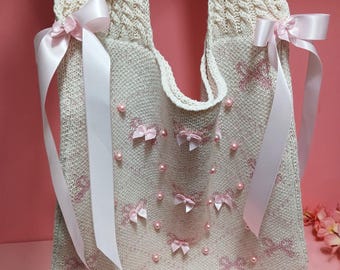 Coquette Shoulder Tote Bag – Handmade with Pink Faux Pearls & Bows, Gift‑Ready Packaging