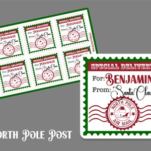 Autocollant de poteau du pôle Nord. Personnalisé avec votre nom. Étiquette cadeau de Noël du père Noël. Timbre postal de livraison spéciale de Noël. Personnalisé.