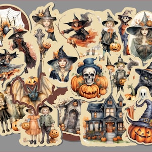Autocollants d'Halloween vintage. Choisissez-en 3 ou un paquet de 20. Sorcellerie et Halloween. Résistant à l'eau/aux rayures