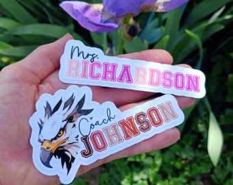 Teacher JERSEY Font Style Water / Scratch resistant Customizable name sticker for a Teacher, Educator, Workspace. Add School or Team Logo.