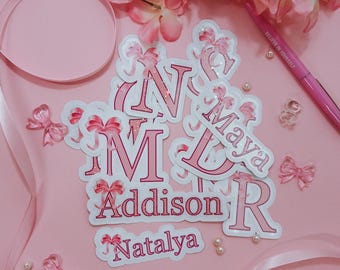 Initial or Full name sticker | Coquette Monogram | Girly Girl Decal | Pink Bow Sticker | Trendy | Laptop, Kindle, Phone case, Water Bottle
