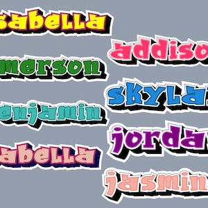 May include: A collection of colorful, stylized names, including Isabella, Addison, Emerson, Skylar, Benjamin, Jordan, Jasmine. The names are written in a bold, 3D-like font with black outlines.