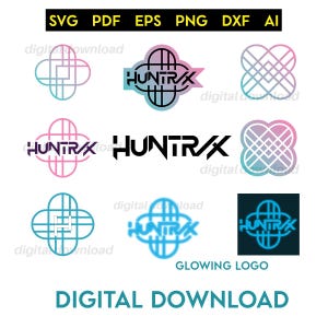 Puede incluir: Una descarga digital con la palabra "HUNTRAX" en varios estilos y colores, incluyendo negro, rosa y azul. La imagen también incluye formas geométricas y el texto "DESCARGA DIGITAL". Los formatos de archivo incluyen SVG, PDF, EPS, PNG, DXF y AI.