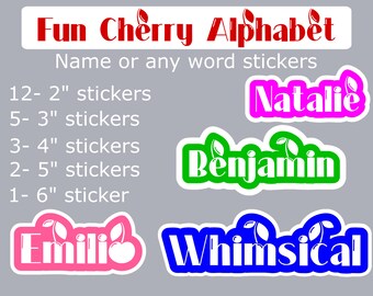 Pack of 12 or buy 1! Dishwasher safe CHERRY font customisable name/word sticker. School/Childcare/College/Work/Water bottle/Laptop