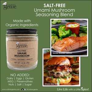 May include: A jar of salt-free Umami Mushroom Seasoning Blend with a label that reads "Salt-Free Umami Mushroom." The image also shows a plate of savory roasted salmon and umami brie sliders. The jar contains 1.6 oz (45g) of seasoning.