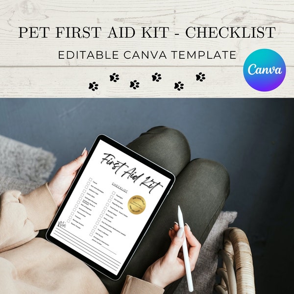 Dog First Aid Kit | First Aid Checklist | Emergency Kit | Pet Care | Travel First Aid For Pets | Canva Template | Editable Template