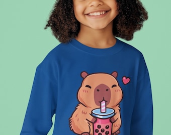 Capybara Boba Kids Sweatshirt, Cute Bubble Tea Animal Shirt for Girls & Boys, Kawaii Drink Lover Top, Youth Gift