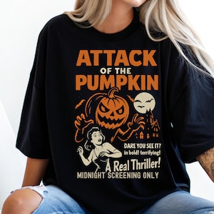 Retro Horror Movie T-Shirt, Vintage Halloween Graphic Tee, Spooky Movie Poster Style Shirt, Attack of the Pumpkin Shirt, Scary Movie Gift