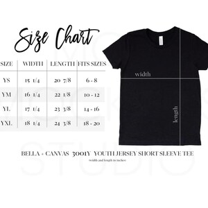 Op de afbeelding: Maattabel voor een jeugd jersey short sleeve tee, Bella + Canvas 3001Y. De tabel toont de breedte en lengte in inches voor de maten YS, YM, YL en YXL, met de bijbehorende leeftijdsgroepen.