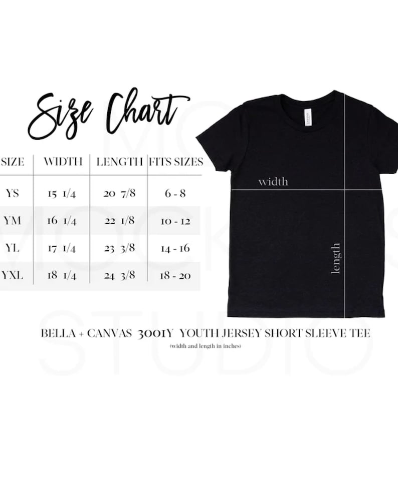 Op de afbeelding: Maattabel voor een jeugd jersey short sleeve tee, Bella + Canvas 3001Y. De tabel toont de breedte en lengte in inches voor de maten YS, YM, YL en YXL, met de bijbehorende leeftijdsgroepen.