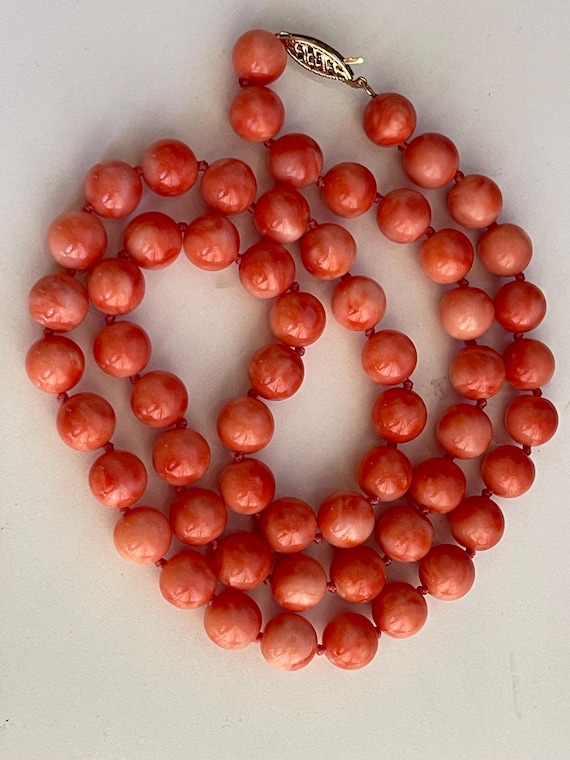60g vintage hot pink deep sea coral beads necklace undyed 14k clasp