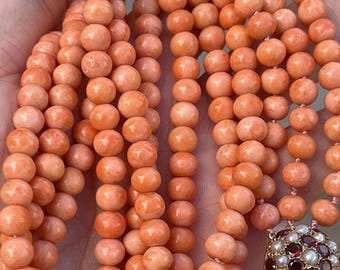 100g vintage natural salmon coral triple strands necklace 9k gold clasp