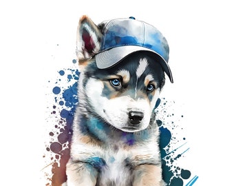 May include: A watercolor painting of a husky puppy wearing a blue baseball cap. The puppy is sitting with its paws crossed and looking at the camera. The background is a watercolor wash of blue, brown, and white.