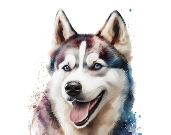 May include: Watercolor painting of a husky dog with blue eyes. The dog is smiling with its tongue sticking out. The background is a watercolor wash of blue, brown, and purple.