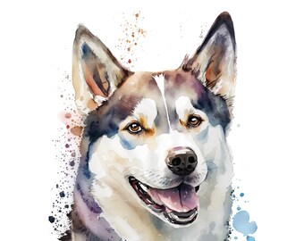 May include: Watercolor painting of a husky dog with blue, purple, and brown splatter paint in the background.