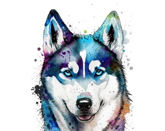 May include: Watercolor painting of a husky dog's face with blue, purple, and green paint splatters.