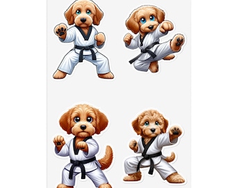 Karate Canine: Goldendoodle in Taekwondo Action Sticker for Pet Owners