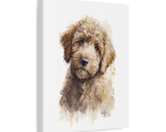 May include: A watercolor painting of a brown and white doodle puppy with a sweet expression. The puppy is looking directly at the viewer with its head tilted slightly to the side. The background is a soft watercolor wash of light brown and yellow.